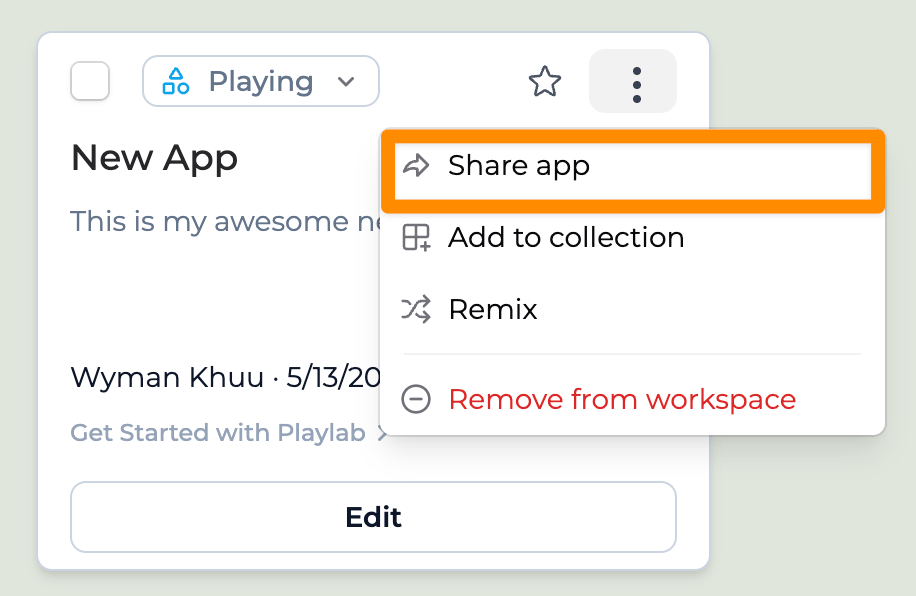 A Playlab app card with the Share action visible.