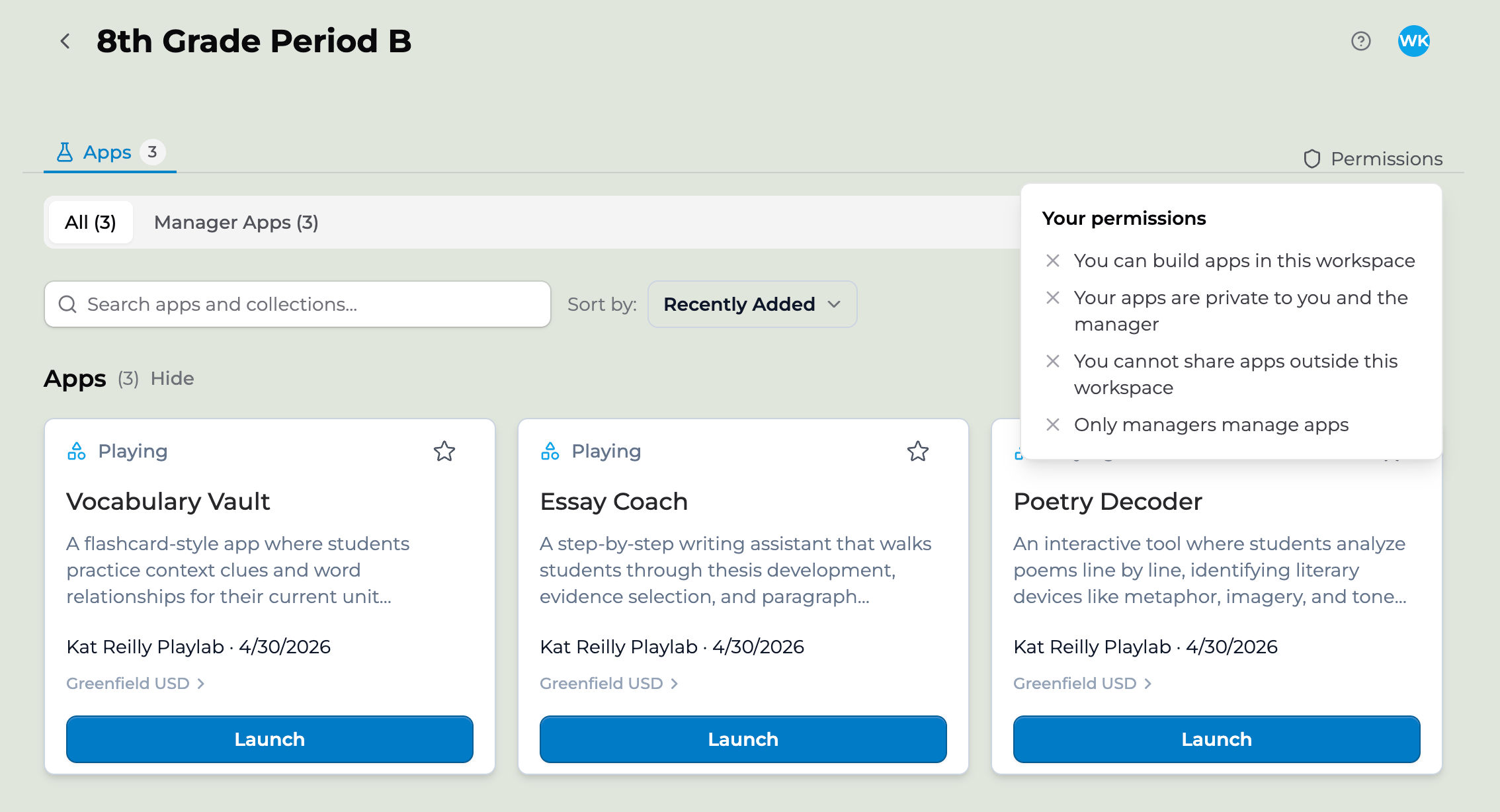A Playlab workspace called 8th Grade Period B showing app cards (Vocabulary Vault, Essay Coach, Poetry Decoder) with a Your permissions tooltip listing the member's build, share, and management rights.