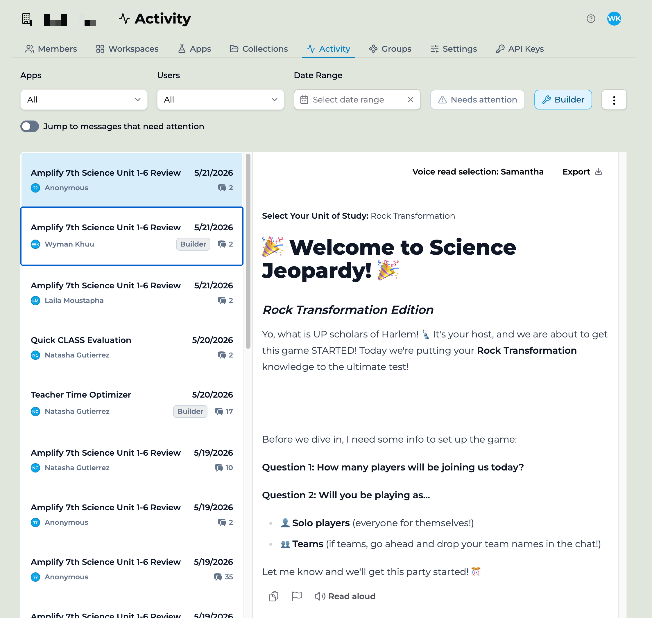 The Activity view showing a left column of app sessions with member names, dates, and message counts, a conversation transcript on the right with Export and Read-aloud controls, and filters for Apps, Users, Date Range, Needs attention, and Builder along the top.
