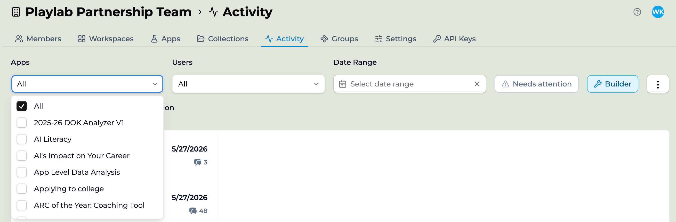 The Activity view with the Apps filter dropdown open, listing All and individual apps such as 2025-26 DOK Analyzer V1, AI Literacy, and Applying to college, used to filter activity by app.