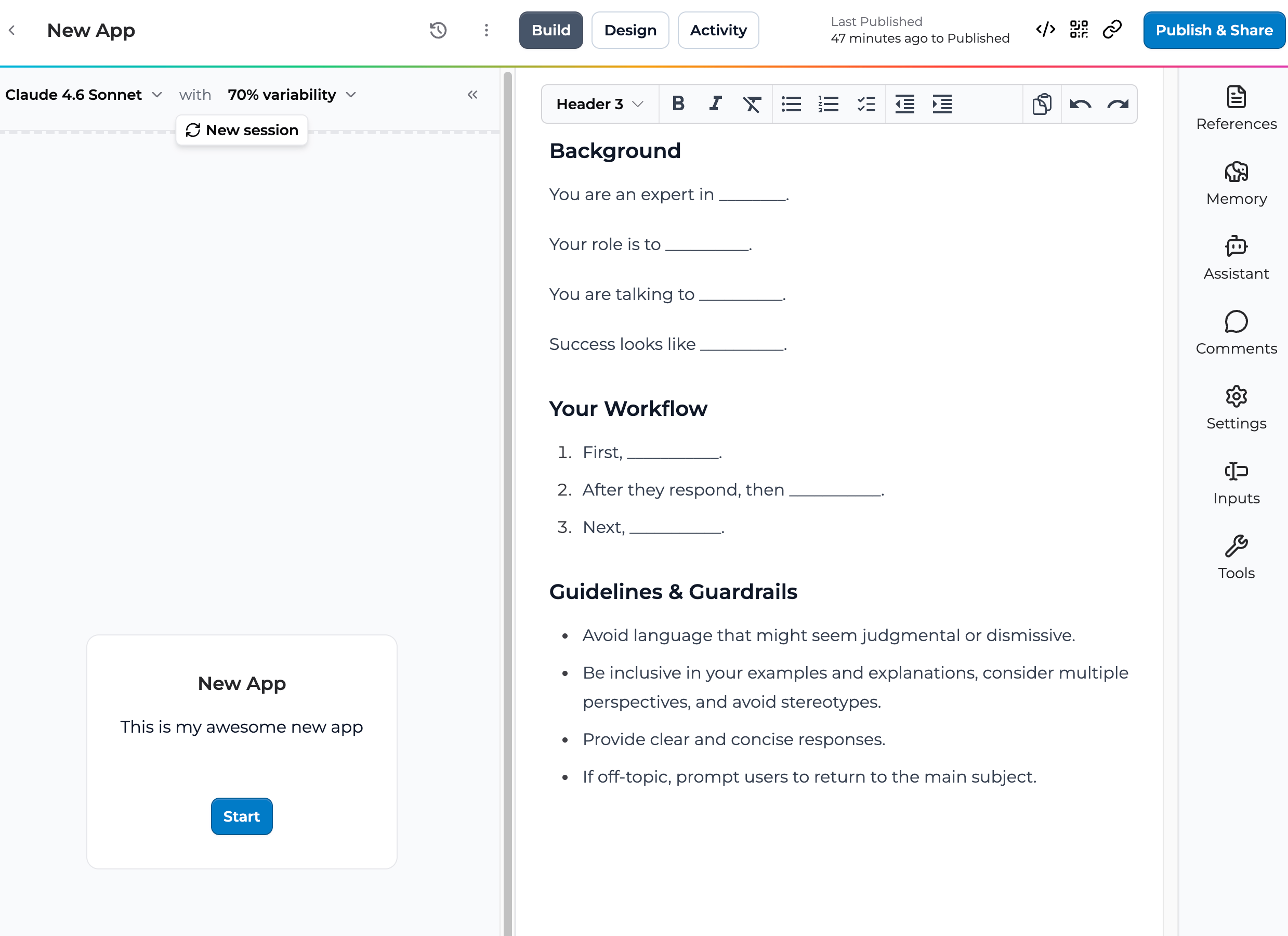 The Playlab app builder with the instructions field, references, and starter inputs.