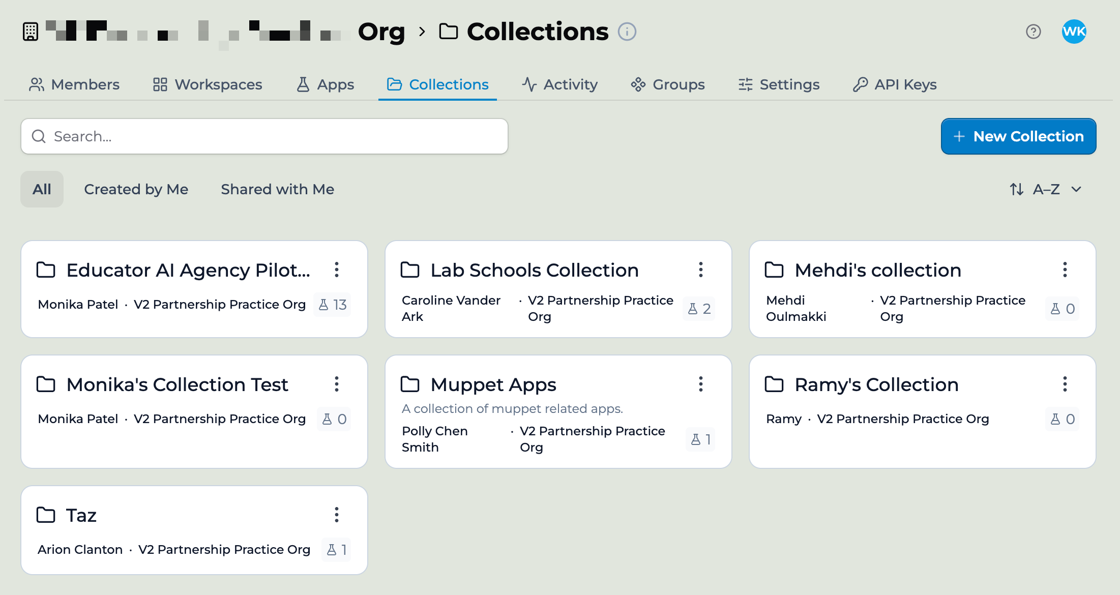 An organization Collections tab showing a grid of Collection cards โ Educator AI Agency Pilot, Lab Schools Collection, Mehdi's collection, Monika's Collection Test, Muppet Apps, Ramy's Collection, and Taz โ each with an owner, organization, and app count, above a Search field, All / Created by Me / Shared with Me filters, and a New Collection button.