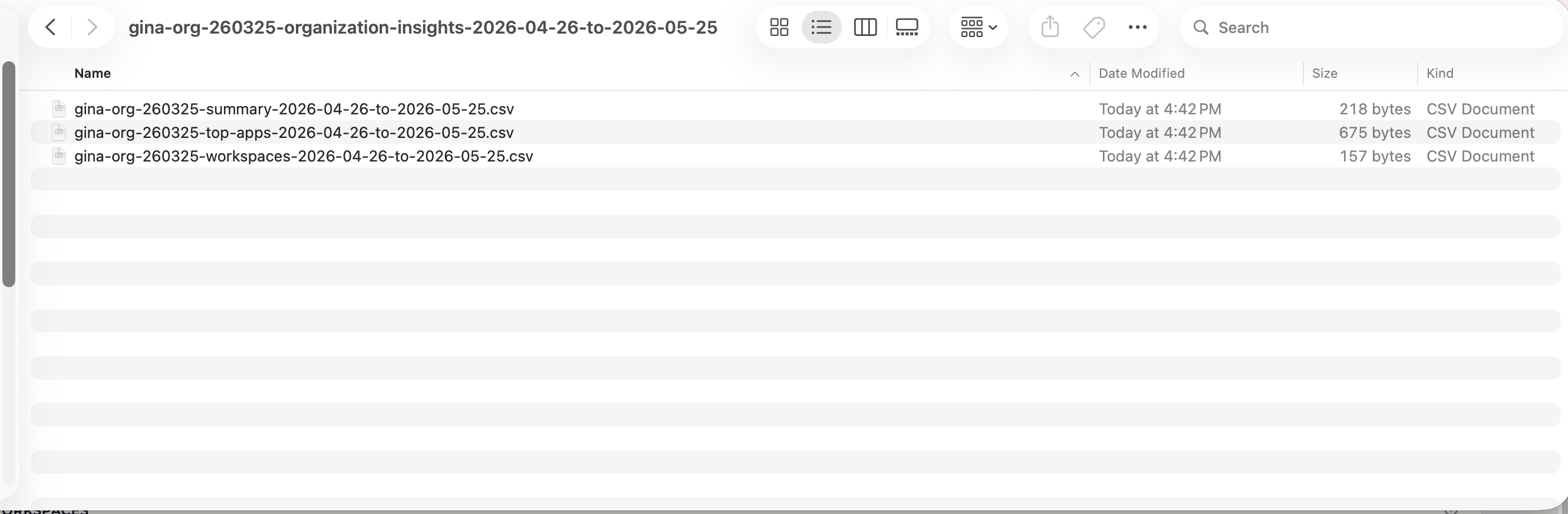 A Finder window for the unzipped organization-insights export folder containing three CSV files named summary, top-apps, and workspaces, each ending in the export's start and end dates.