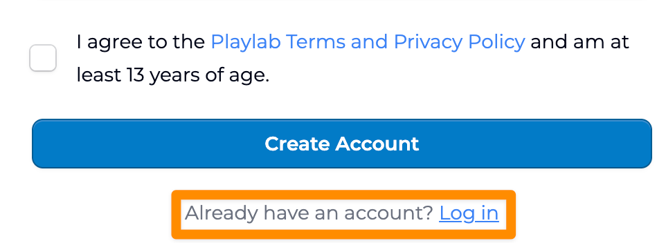The Playlab invite page with the Log in option highlighted for users who already have an account.