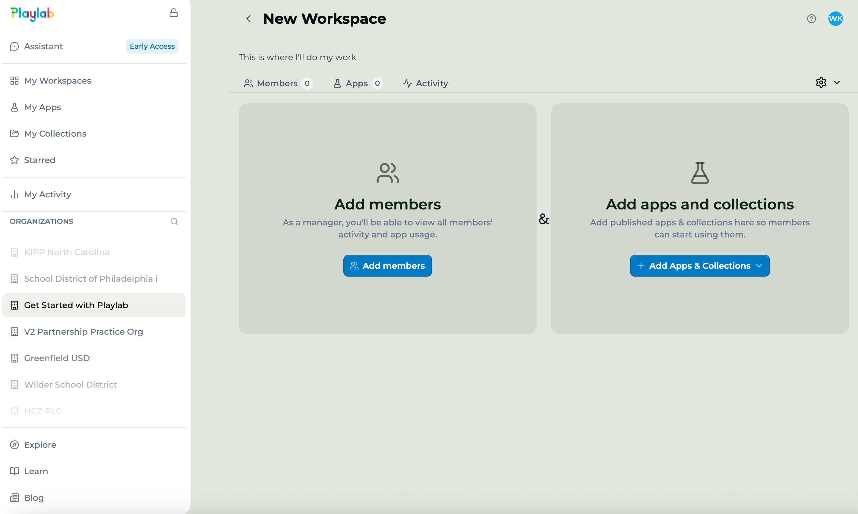 The Playlab interface: the left navigation sidebar (Assistant, My Projects, My Apps, My Collections, Starred, My Activity, an Organizations list, and Explore, Learn, Blog) next to a New Workspace view with Add members and Add apps and collections empty-state cards.