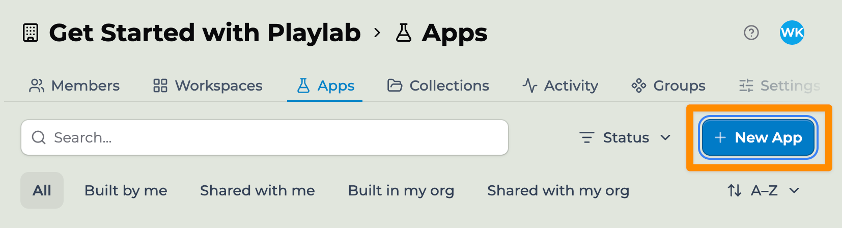 The New App entry point reachable from both the org dashboard and a workspace.