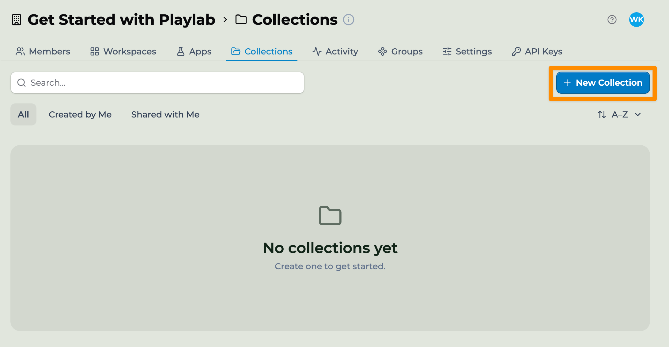 The Collections tab of an organization dashboard with All, Created by Me, and Shared with Me filters, a highlighted New Collection button in the top right, and a 'No collections yet' empty state.