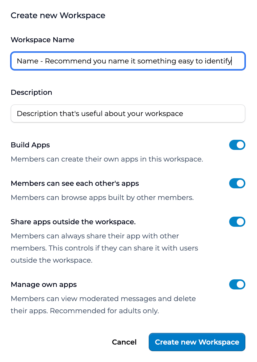 The Create new Workspace modal with Name and Description fields, four member-permission toggles, and Cancel and Create new Workspace buttons.