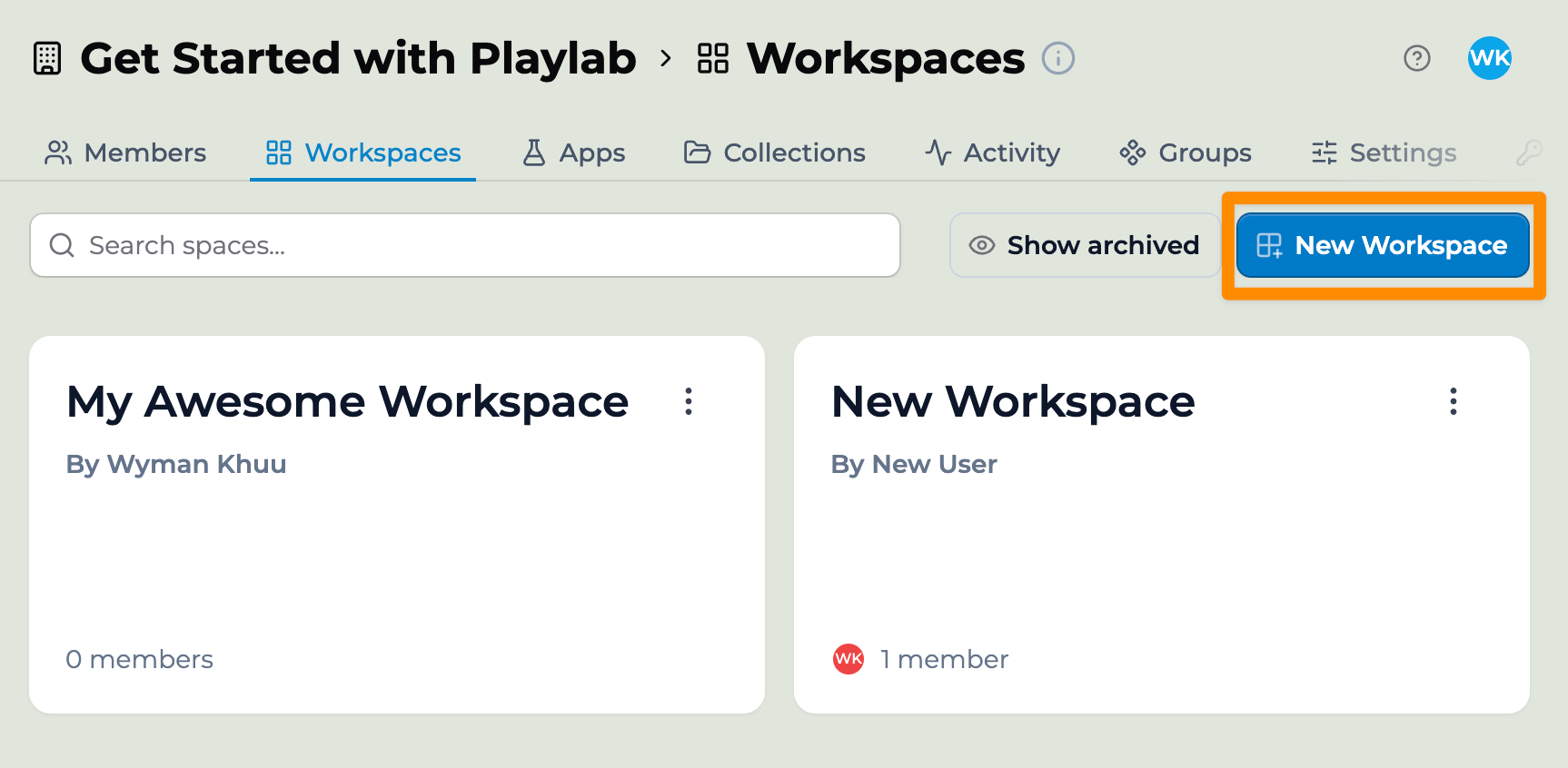 The Workspaces tab on the org dashboard with the New Workspace button highlighted.