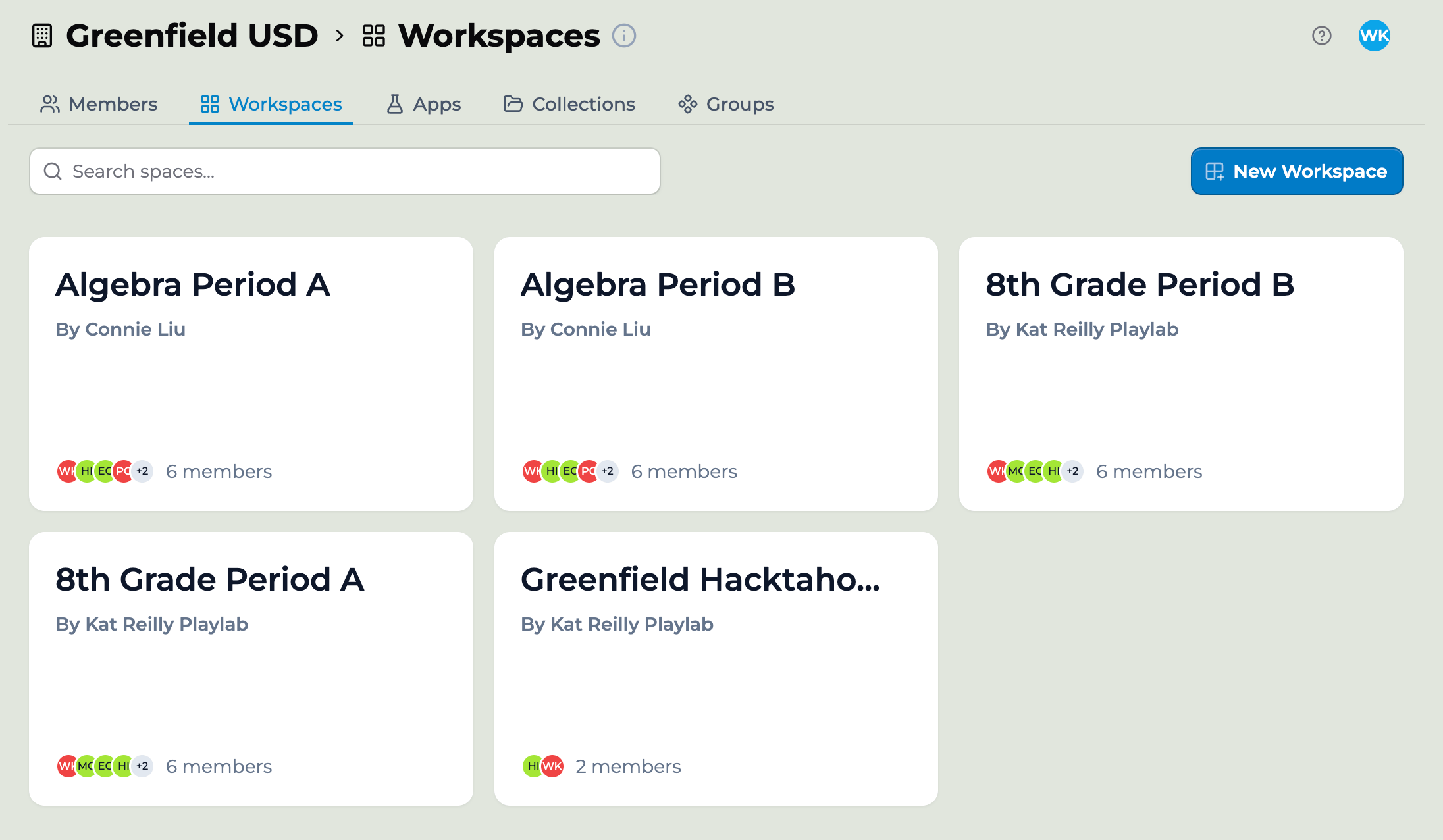 Screenshot of the Greenfield USD organization dashboard with the Workspaces tab selected. The top navigation shows Members, Workspaces, Apps, Collections, and Groups. Below, a grid of workspace cards lists classes such as Algebra Period A, Algebra Period B, and 8th Grade Period A, each with its owner and member count.