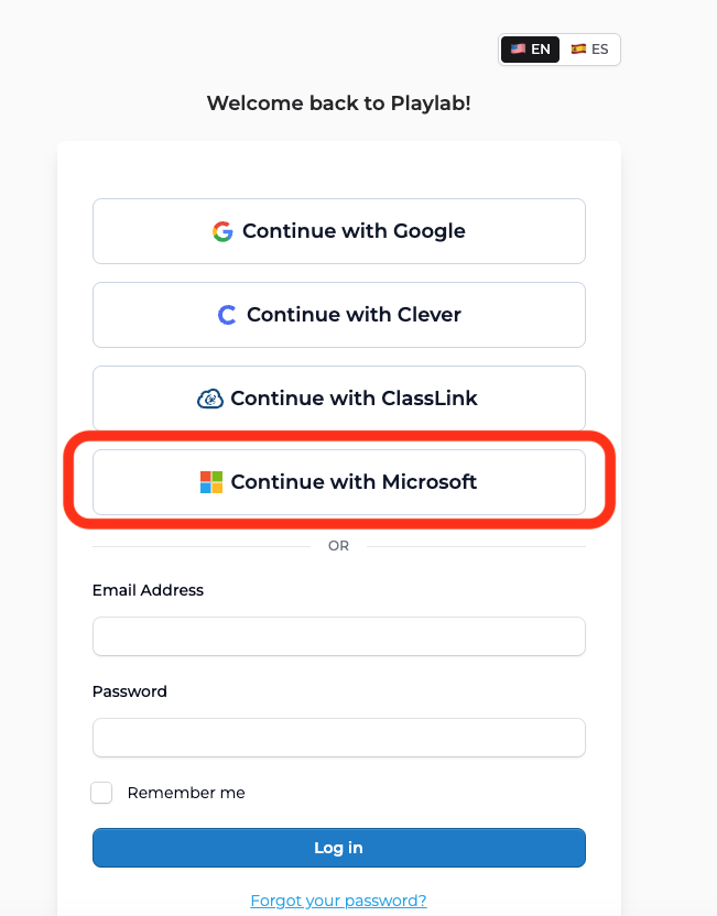 The Playlab login screen with the new Continue with Microsoft button highlighted below Google, Clever, and ClassLink