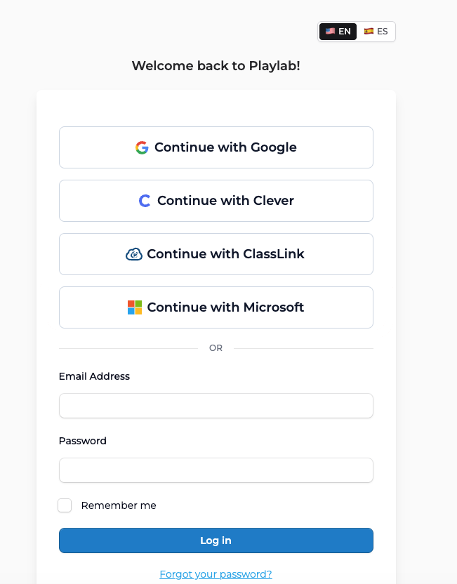 The Playlab login screen with Continue with Google, Clever, ClassLink, and Microsoft buttons above the email and password fields