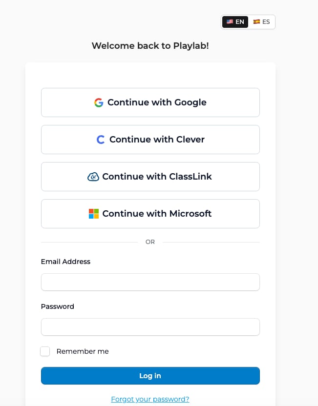 The Playlab login screen with Continue with Google, Clever, ClassLink, and Microsoft buttons above the email and password fields