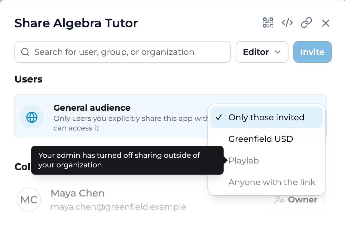 The General audience menu in the Share dialog for Algebra Tutor, with Playlab and Anyone with the link greyed out and a tooltip reading Your admin has turned off sharing outside of your organization