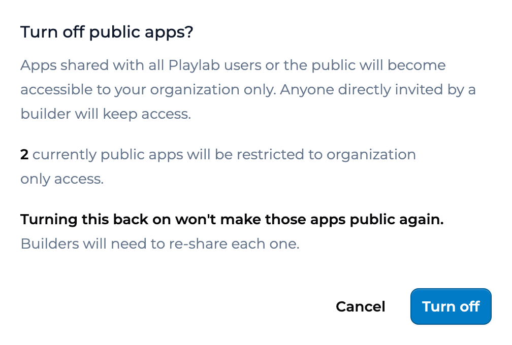 The Turn off public apps? dialog for Greenfield USD, saying 2 currently public apps will be restricted to organization only access, with Cancel and Turn off buttons