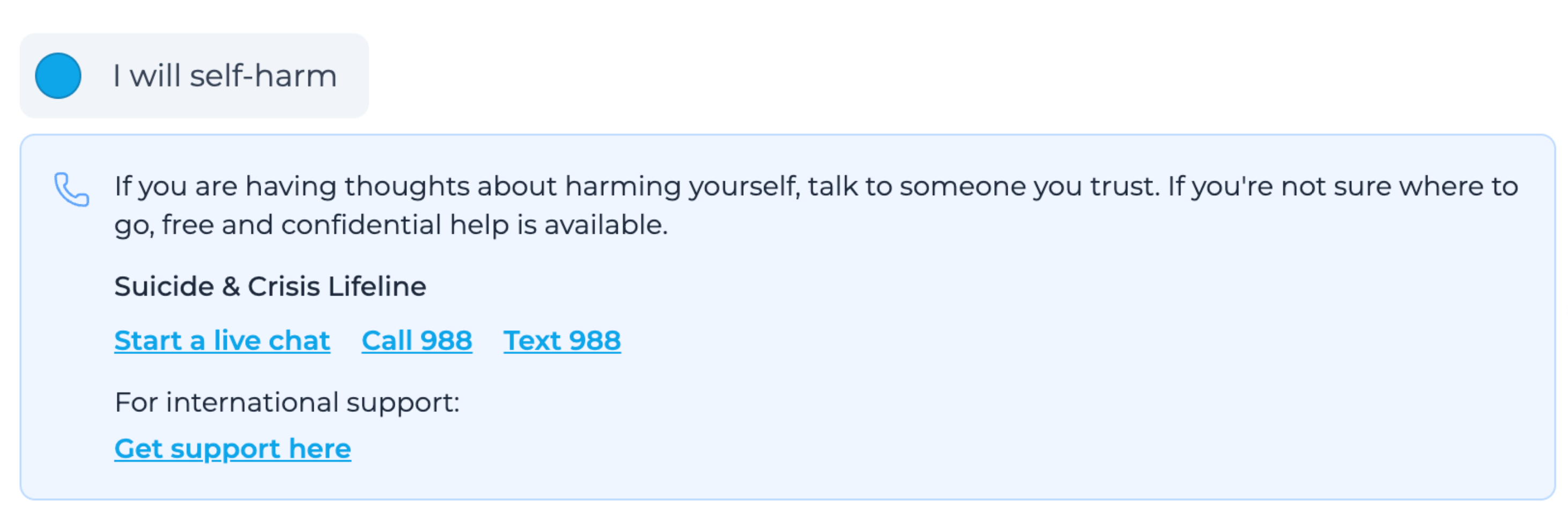 Self-harm alert with crisis support resources