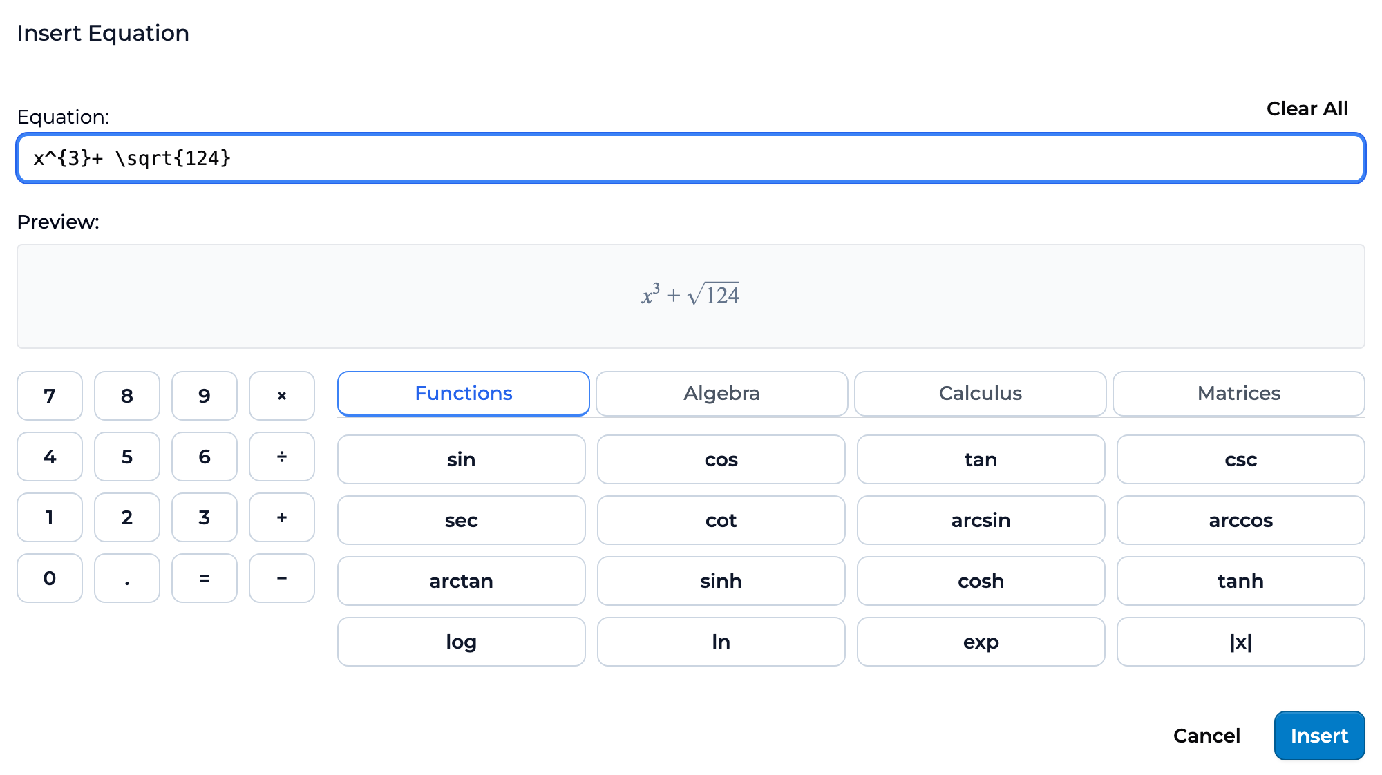 Insert Equation dialog with an equation typed and its preview