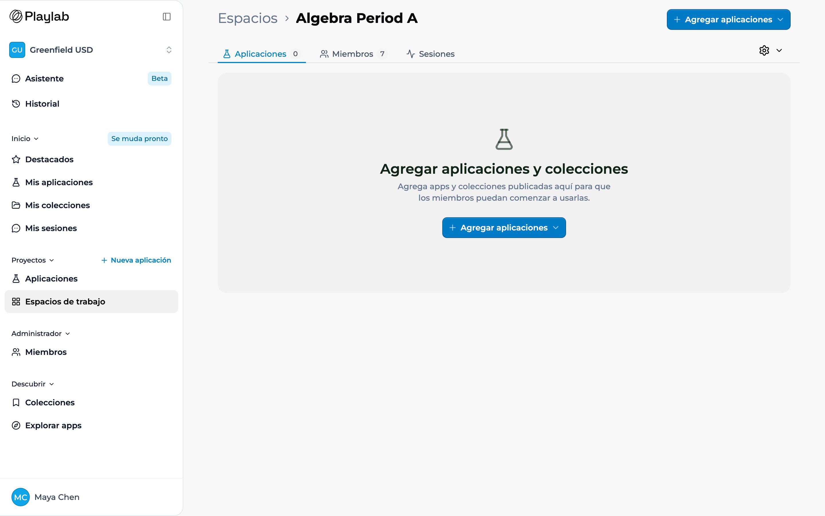 La pestaña Aplicaciones de un espacio, con la interfaz de Playlab en español