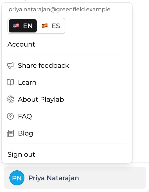 The Account options menu at the bottom of the left sidebar, with Share feedback below Account