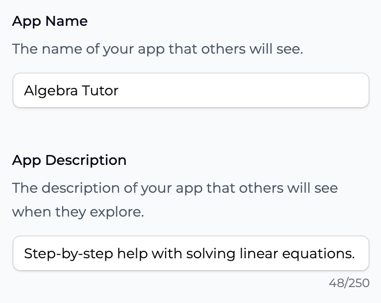 The App Name and App Description fields in Settings