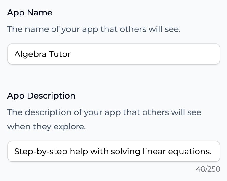 The App Name and App Description fields in Settings