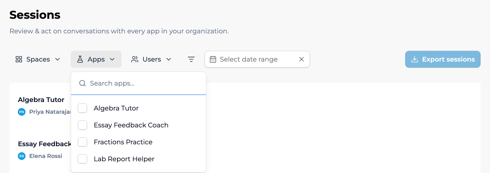 The Sessions page with the Apps filter open, showing a Search apps field and checkboxes for apps such as Algebra Tutor, Essay Feedback Coach, and Lab Report Helper.