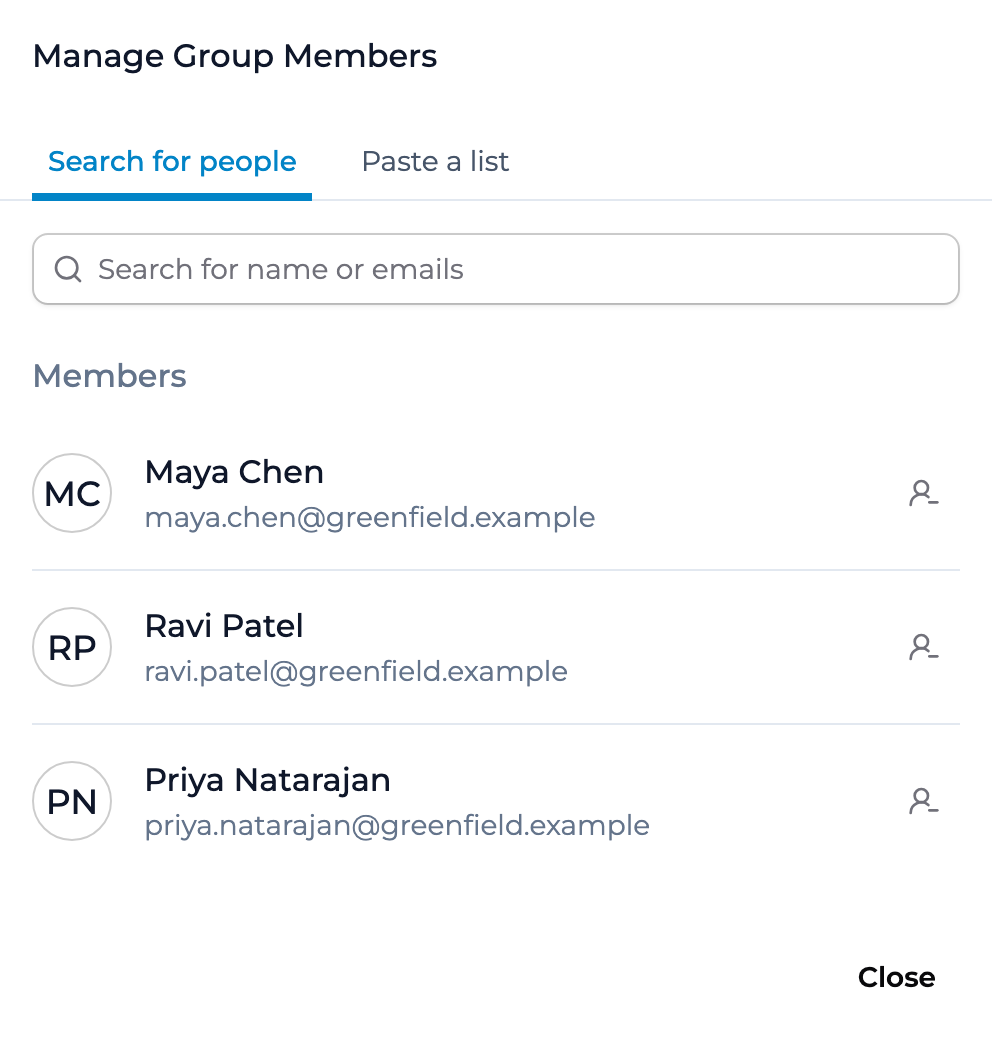 The Manage Group Members dialog with Search for people and Paste a list tabs, a search field, and the group's current members, each with a remove icon.