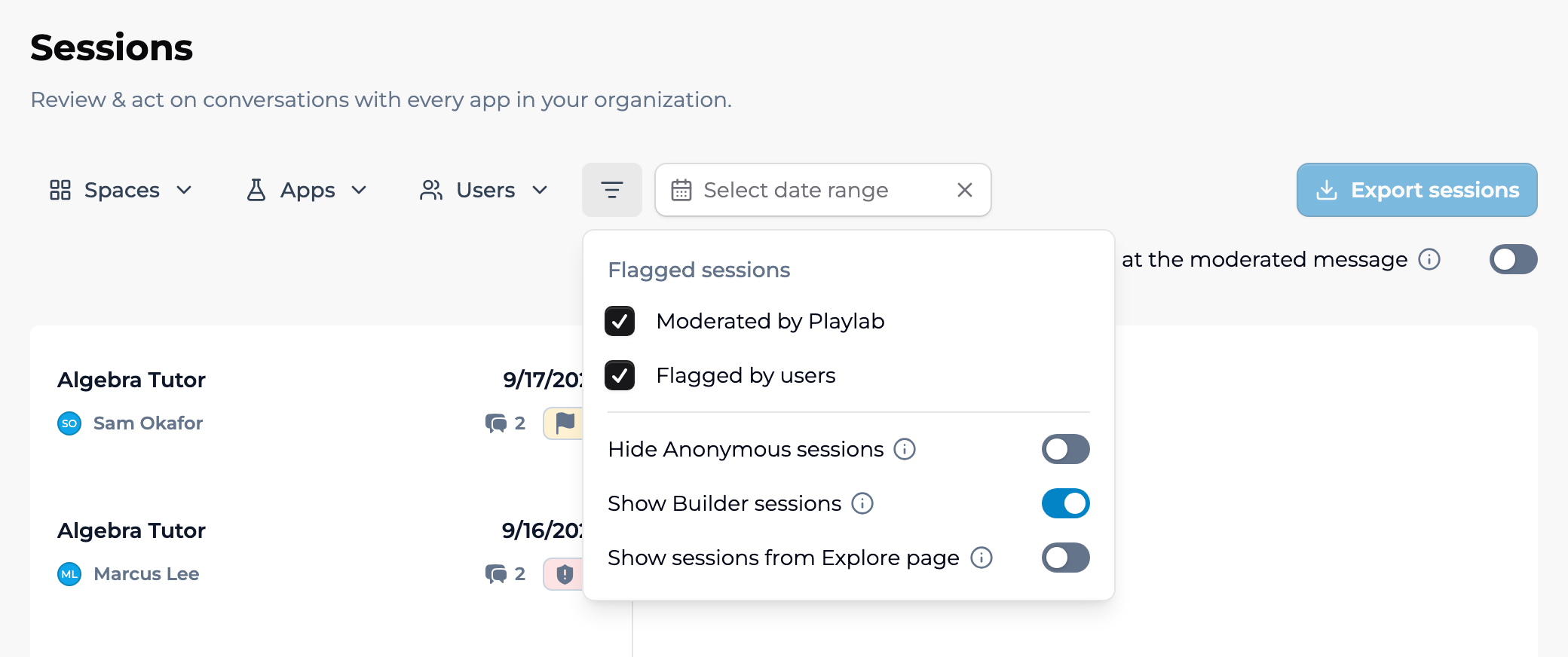 The organization's Sessions page with the More filters popover open and Moderated by Playlab and Flagged by users checked, narrowing the list to a flagged session and a moderated session.