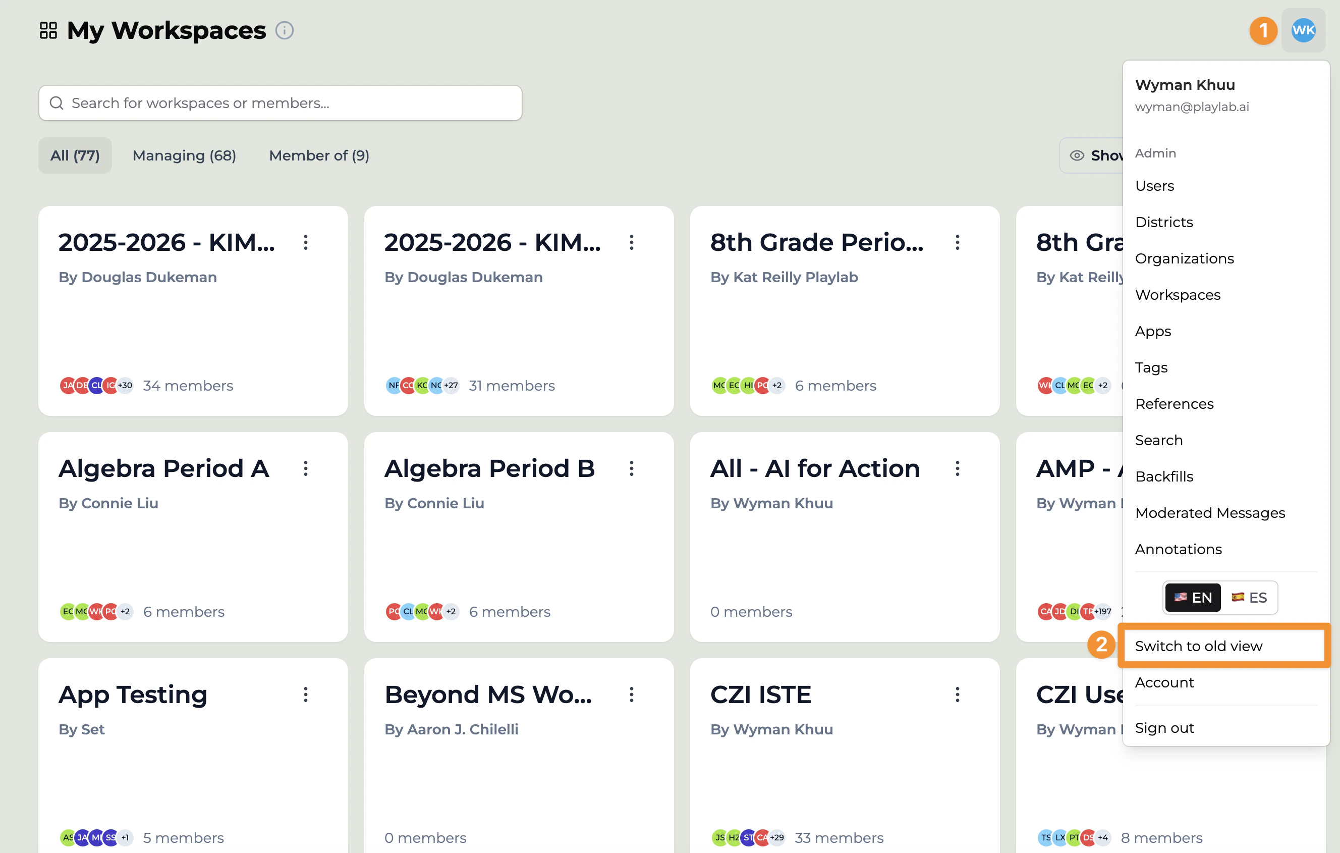 The Playlab profile menu open in the new view, with the Switch to old view option highlighted.