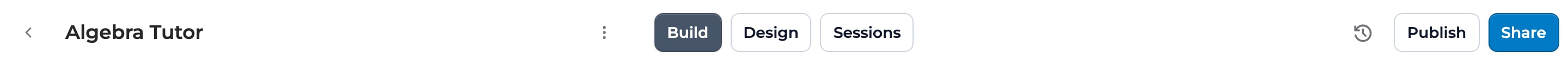 The top of the app builder for Algebra Tutor, with the Publish and Share buttons in the top right