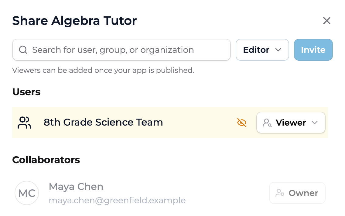The Share Algebra Tutor dialog with a search field, an Editor role menu, and an Invite button, a Users section listing the 8th Grade Science Team group as Viewer, and a Collaborators section listing Maya Chen as Owner.