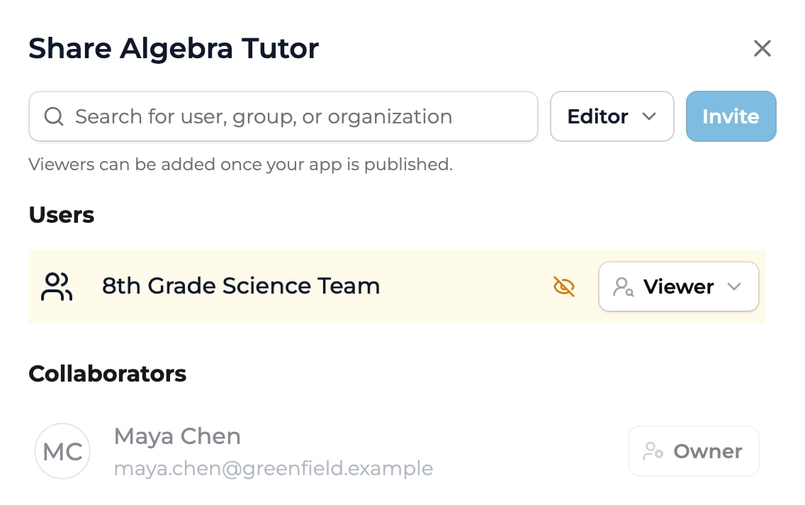 The Share Algebra Tutor dialog with a search field, an Editor role menu, and an Invite button, a Users section listing the 8th Grade Science Team group as Viewer, and a Collaborators section listing Maya Chen as Owner.
