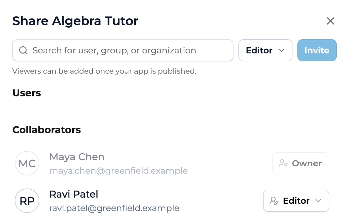 The Share Algebra Tutor dialog with a search field, an Editor role menu, and an Invite button, a note that Viewers can be added once the app is published, an empty Users section, and a Collaborators section listing Maya Chen as Owner and Ravi Patel as Editor.