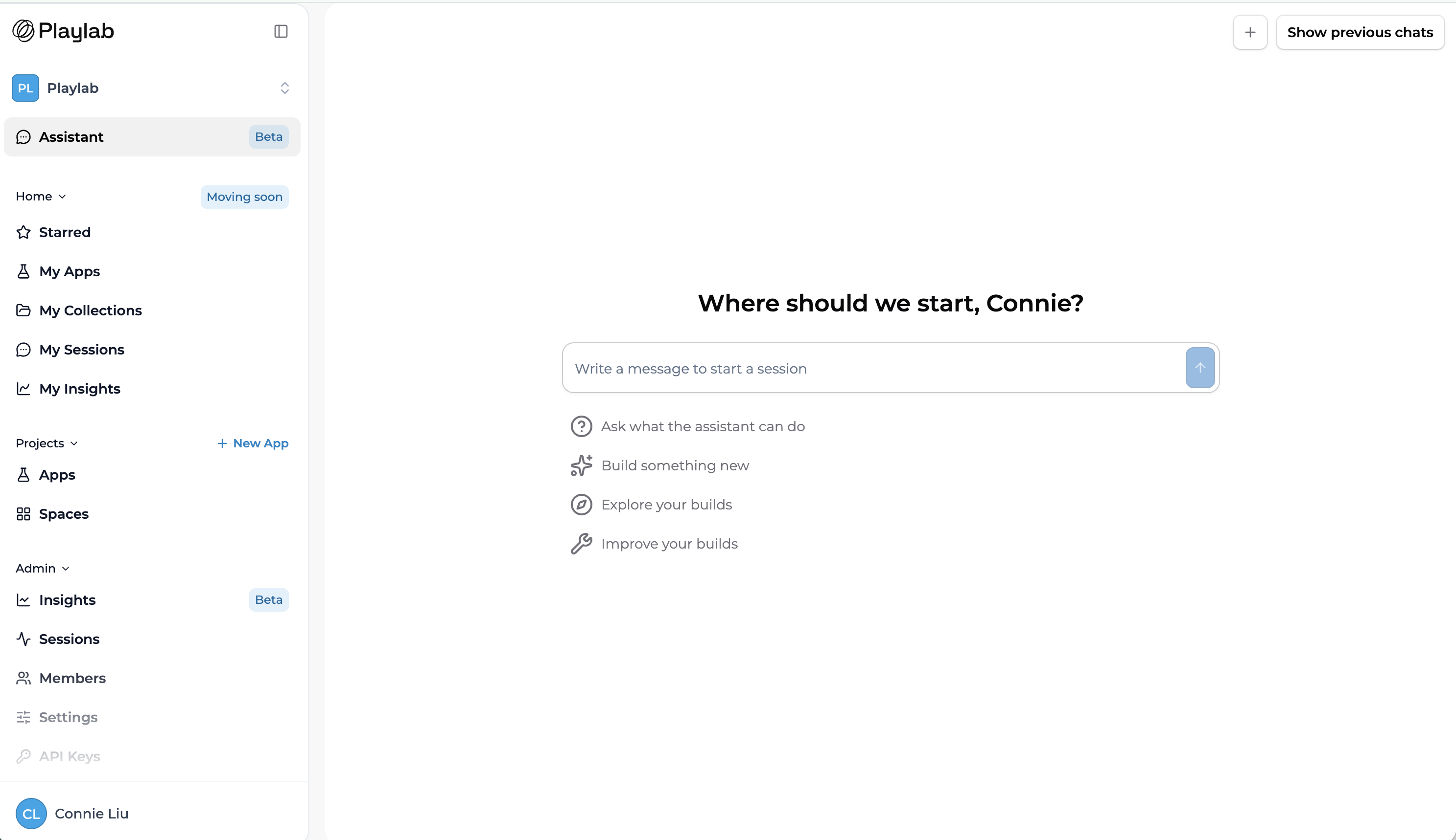 The Playlab Assistant start screen, with the Assistant marked Beta at the top of the left sidebar and four suggested ways to begin a session
