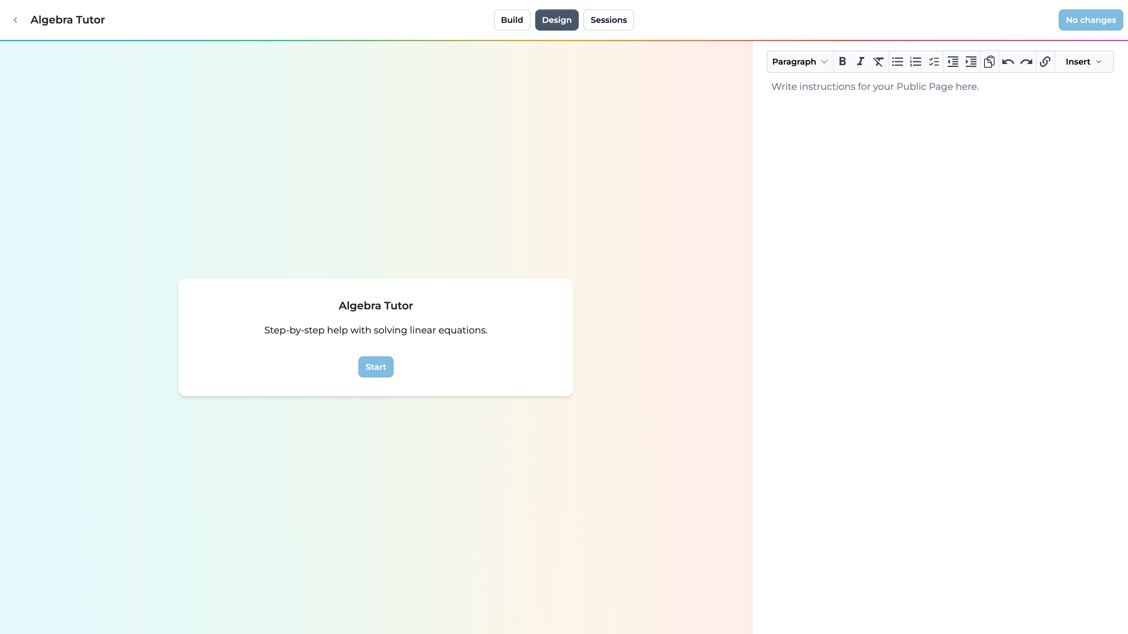 Design tab with an empty public page editor