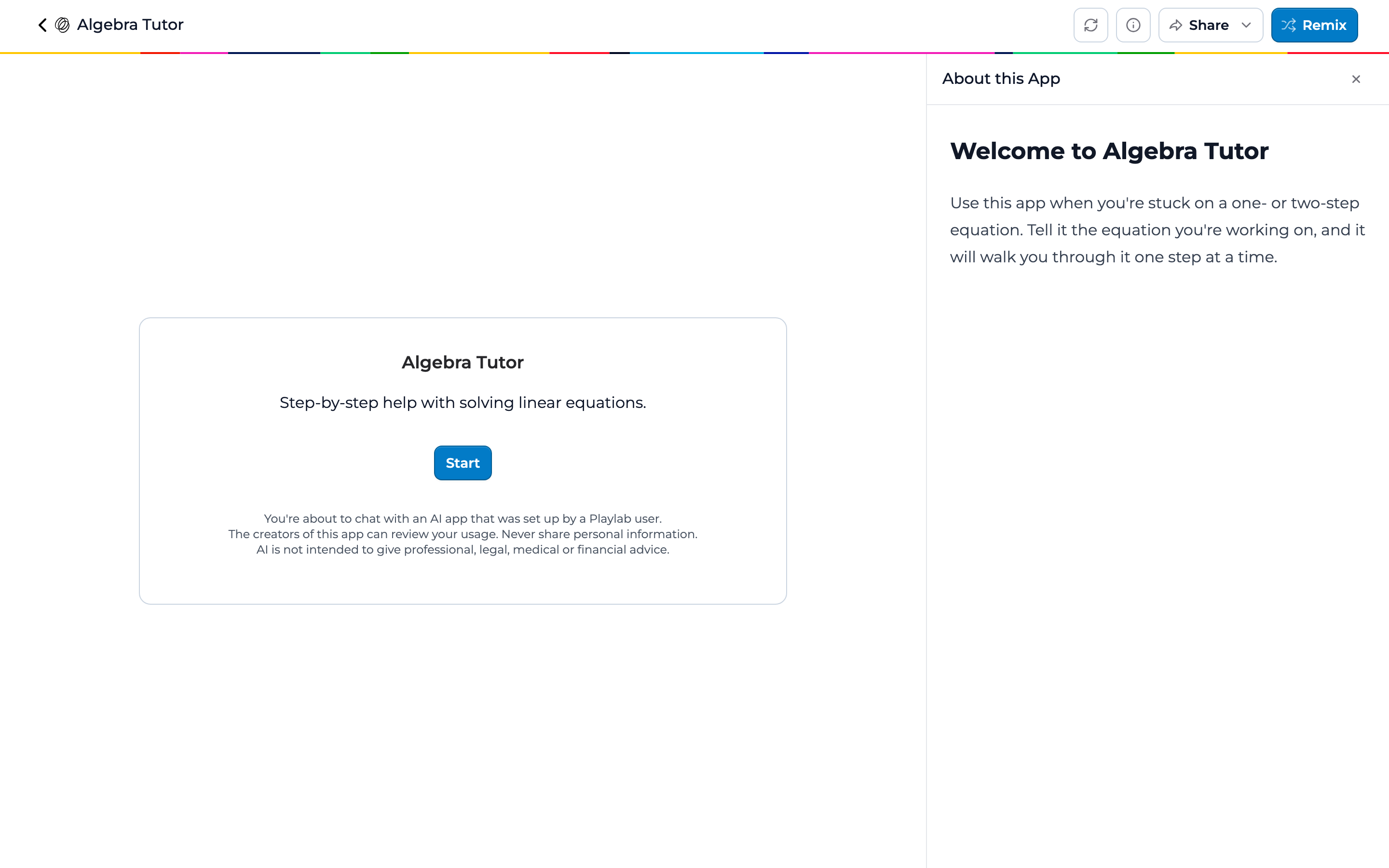 The published Algebra Tutor app as a student sees it, with the About this App panel on the right showing the heading Welcome to Algebra Tutor and a short welcome paragraph