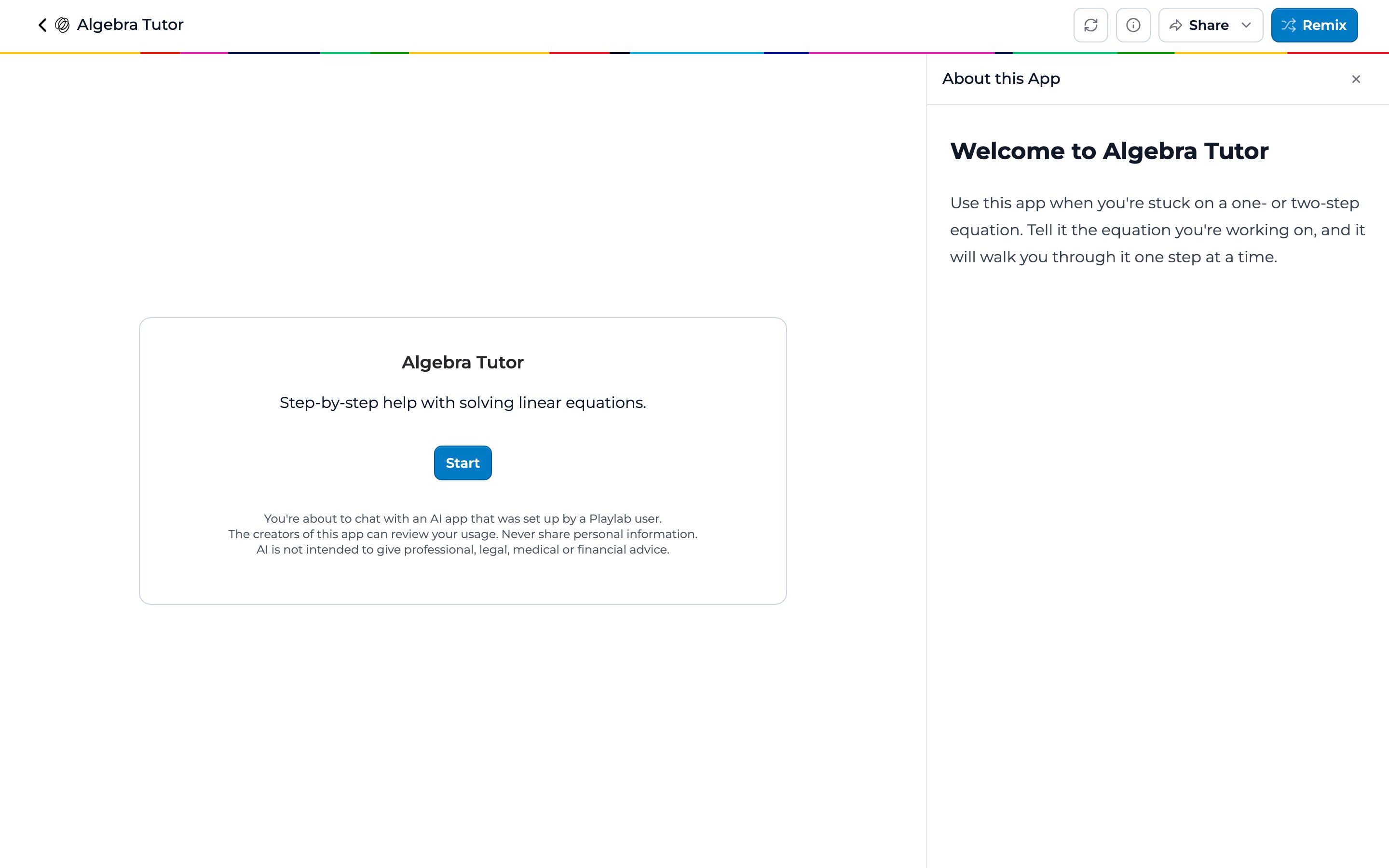 The published Algebra Tutor app as a student sees it, with the About this App panel on the right showing the heading Welcome to Algebra Tutor and a short welcome paragraph