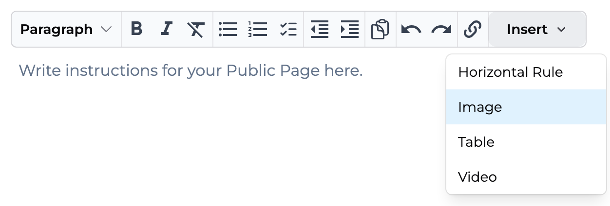 Insert menu with Horizontal Rule, Image, Table, and Video