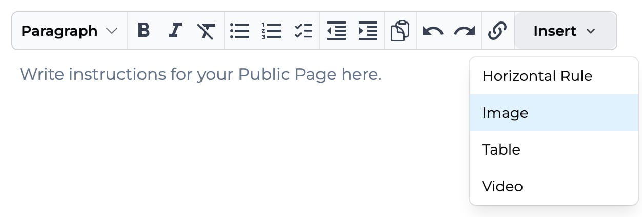 Insert menu with Horizontal Rule, Image, Table, and Video