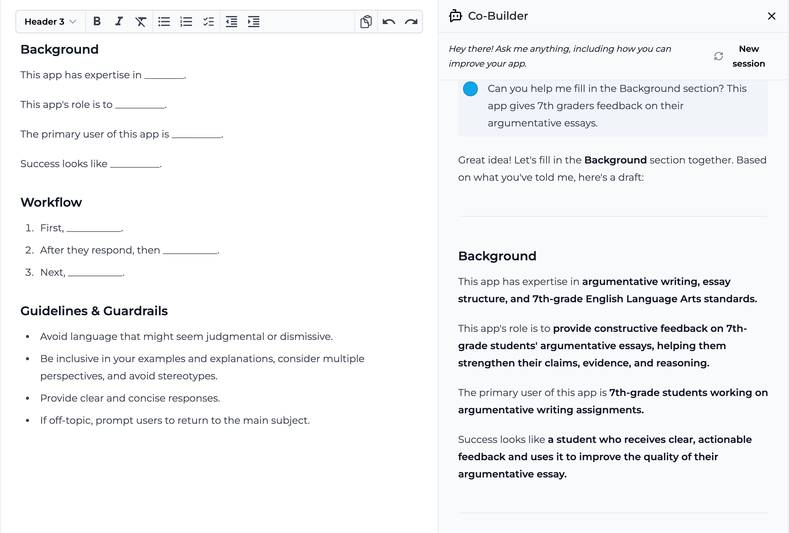 The Co-Builder panel open next to the app's instructions