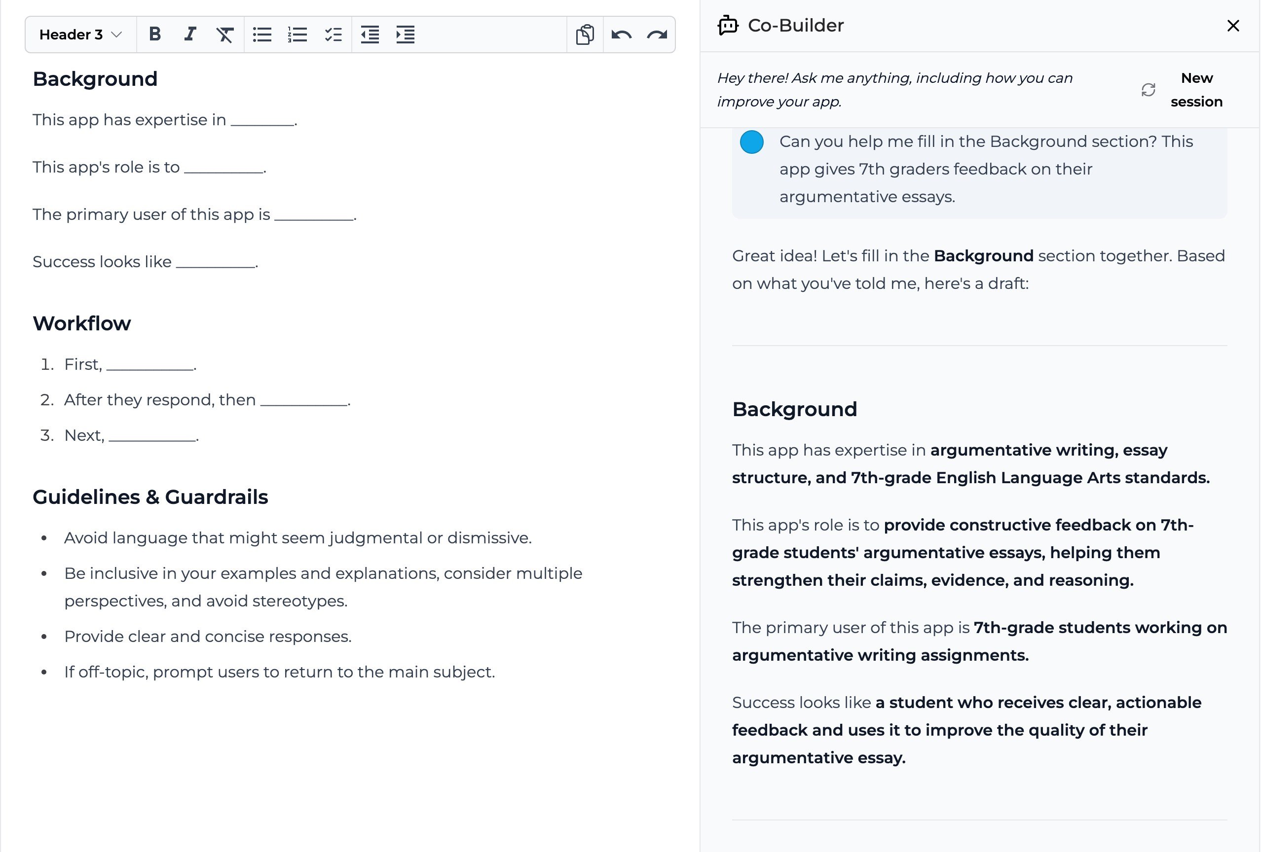 The Co-Builder panel open next to the app's instructions
