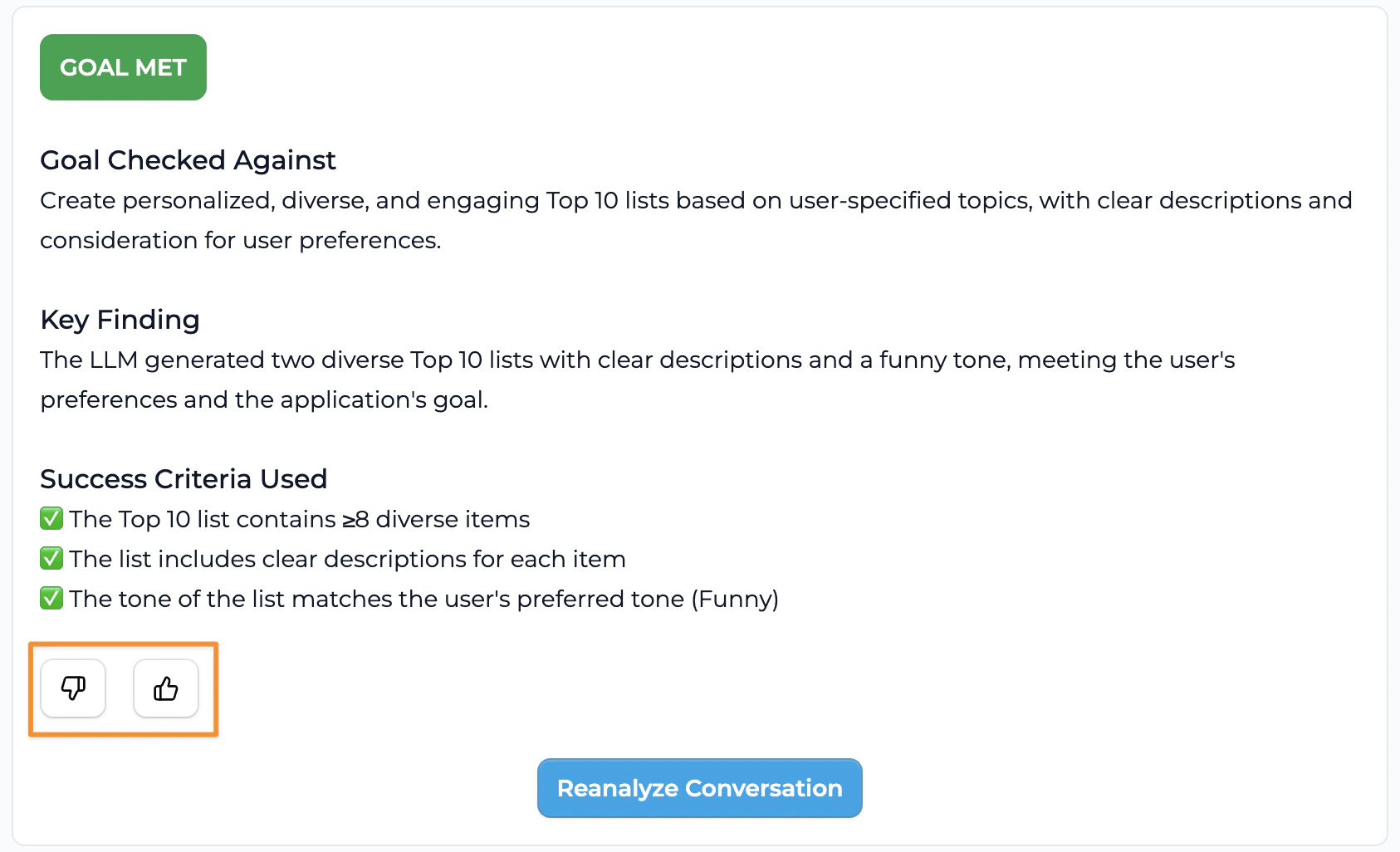 Conversation Review Settings showing goal analysis results with GOAL MET and GOAL NOT MET examples