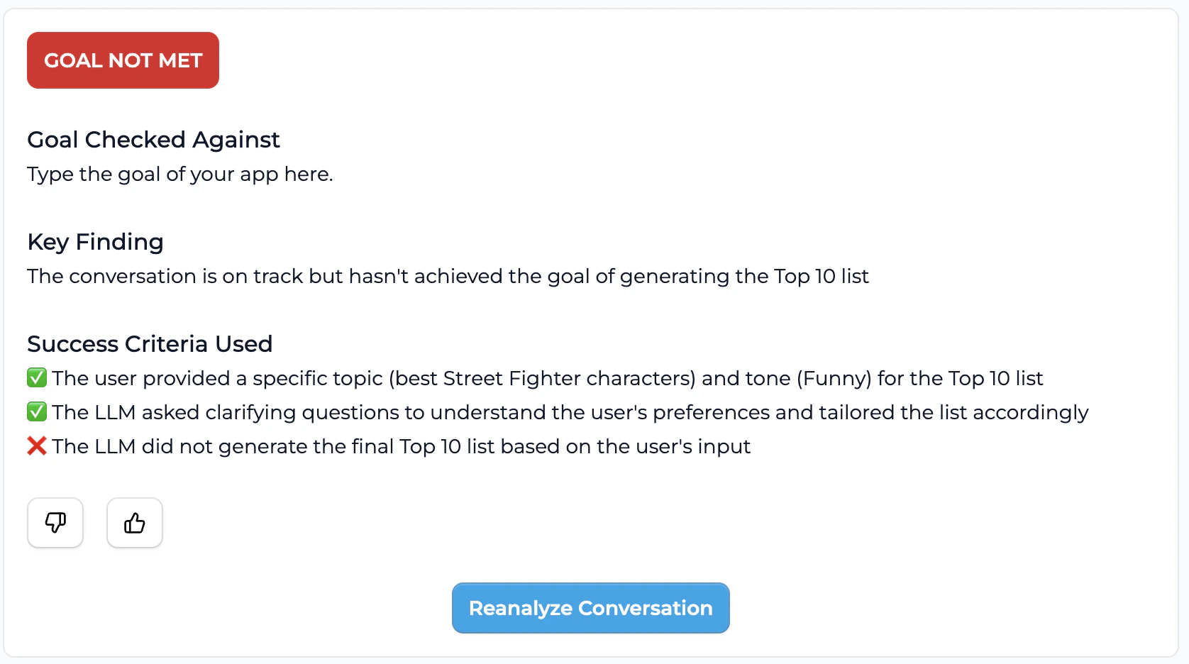Conversation Review Settings showing goal analysis results with GOAL MET and GOAL NOT MET examples