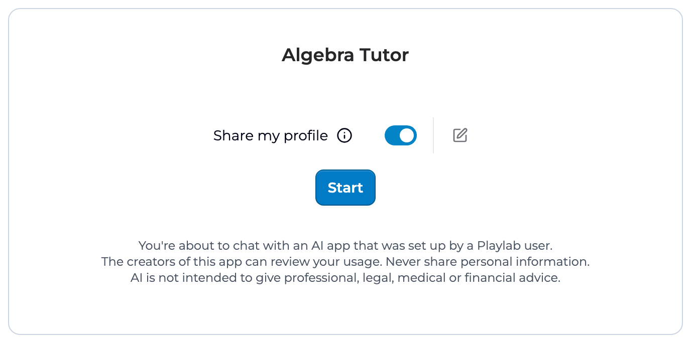 An app's start screen with the Share my profile toggle turned on, a pencil button to edit the profile, and the Start button.