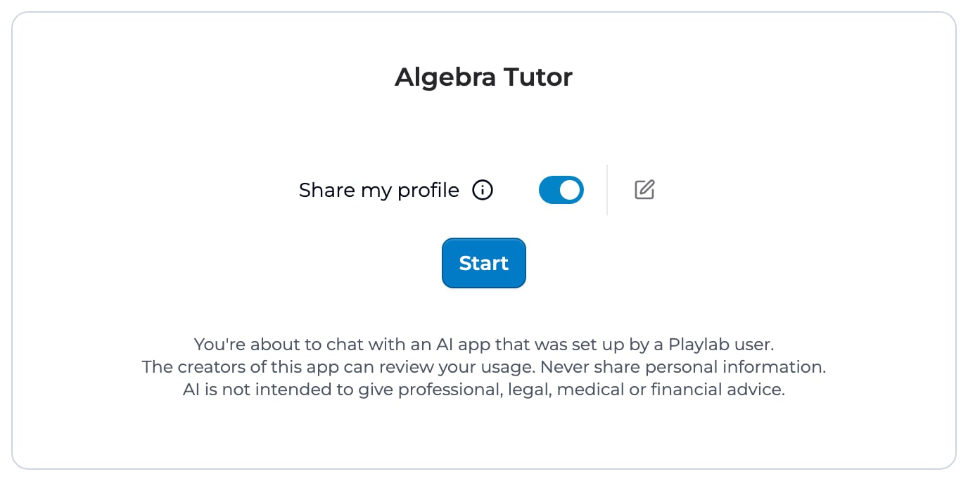 An app's start screen with the Share my profile toggle turned on, a pencil button to edit the profile, and the Start button.
