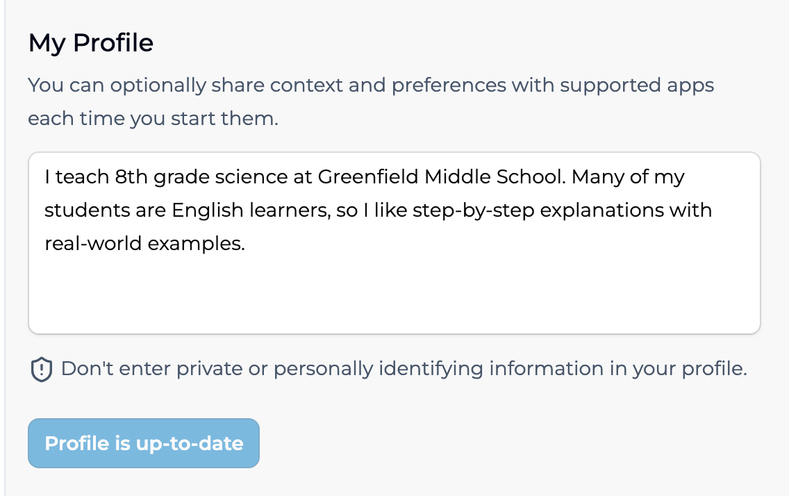 The My Profile section with a teacher's profile filled in, the privacy reminder below it, and a Profile is up-to-date button.