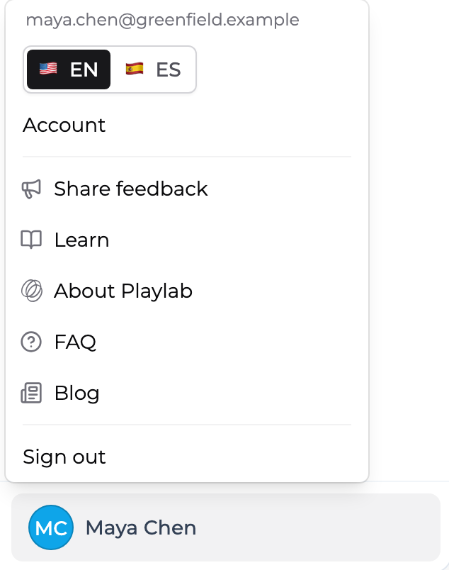 The Account options menu open above the user's name at the bottom of the sidebar, with the email address and an EN/ES language switcher at the top, listing Account, Share feedback, Learn, About Playlab, FAQ, Blog, and Sign out.
