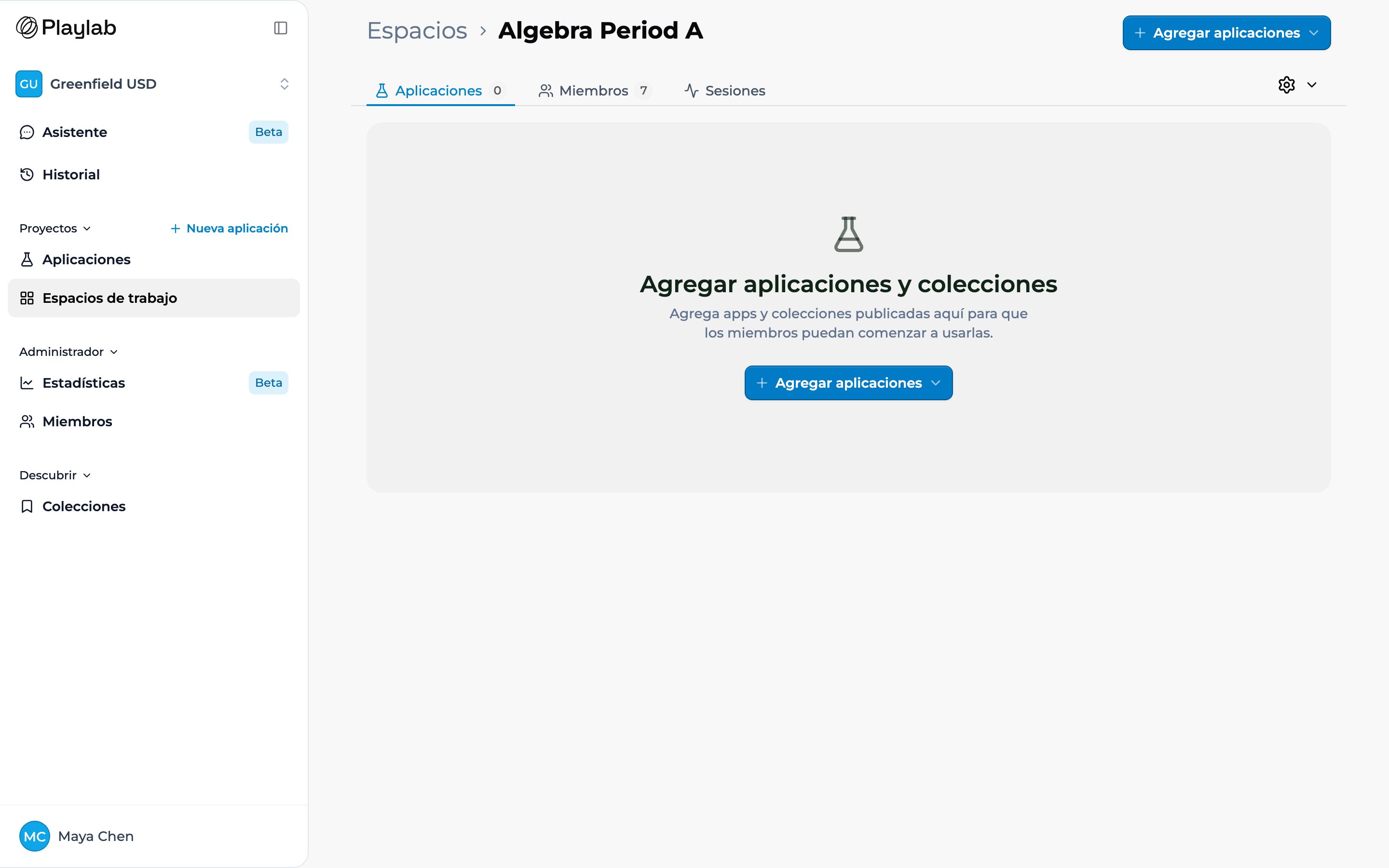 A space's Apps tab with the Playlab interface in Spanish