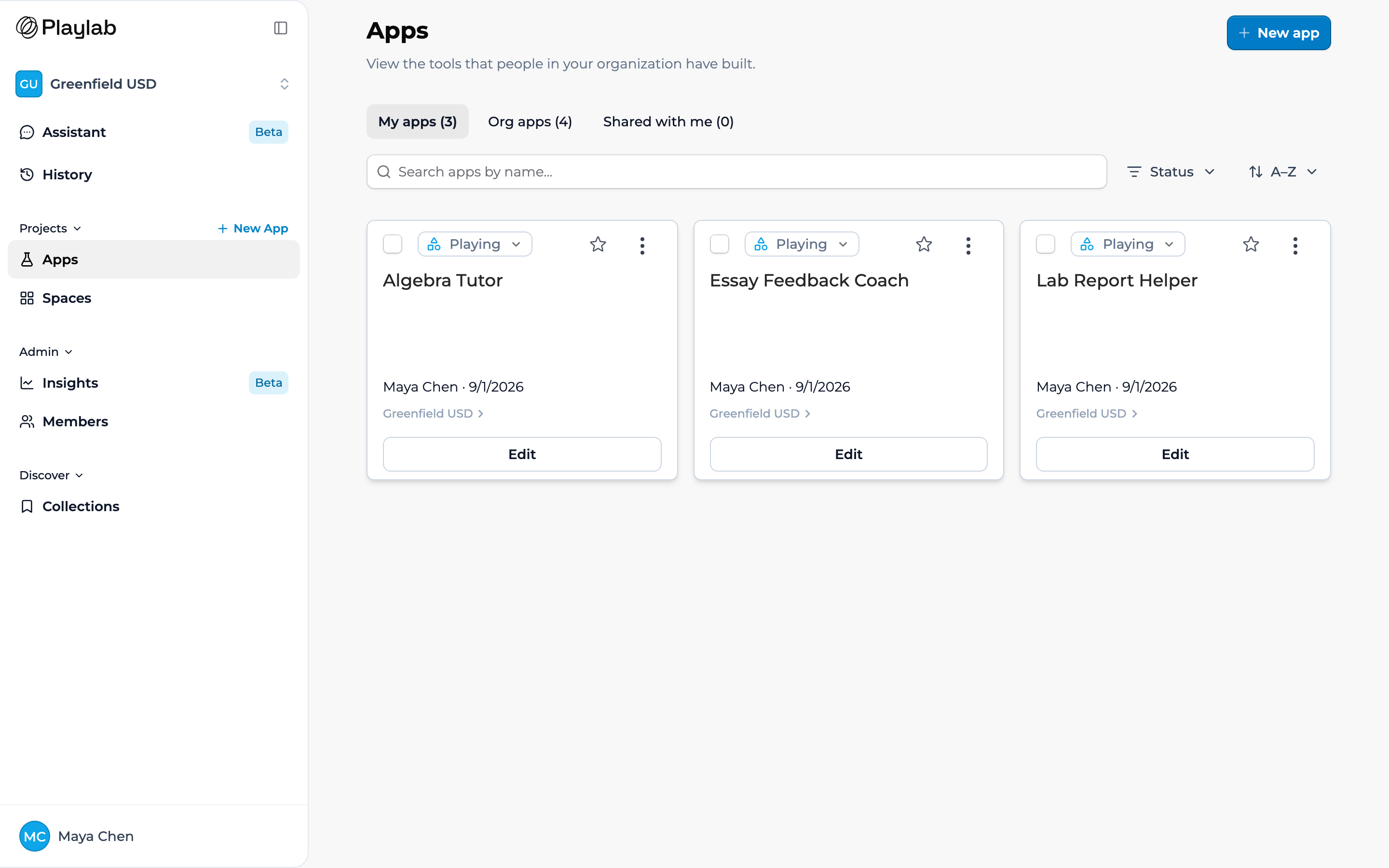 The Playlab interface for a Builder: the left sidebar shows the Greenfield USD organization switcher, Assistant, History, Projects (Apps, Spaces, and a New App button) with Apps selected, Admin (Insights and Members), and Discover (Collections), with the account menu at the bottom. The main area is the organization's Apps page, with the My apps, Org apps, and Shared with me tabs, a search field with Status and sort menus, and cards for Algebra Tutor, Essay Feedback Coach, and Lab Report Helper.
