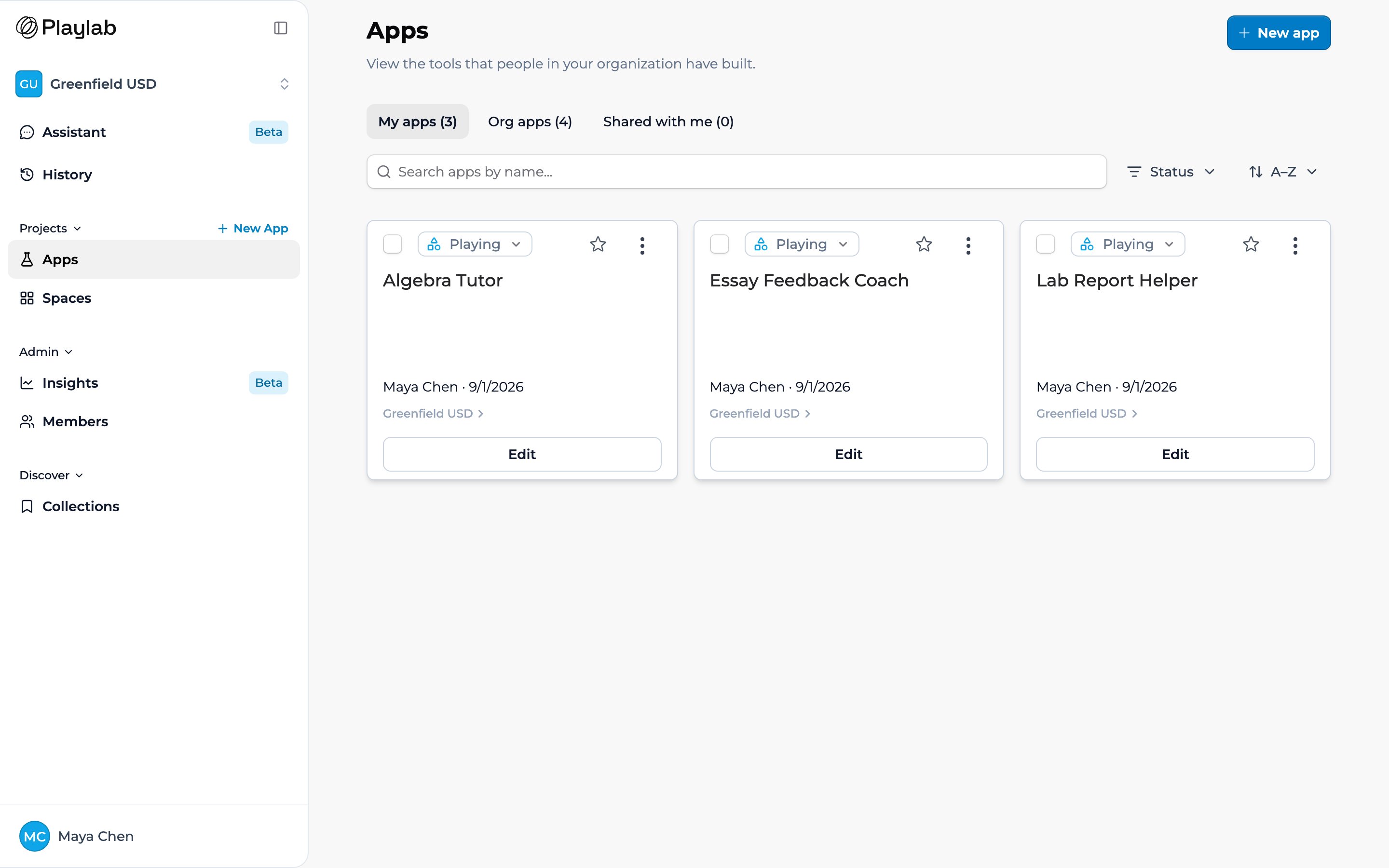 The Playlab interface for a Builder: the left sidebar shows the Greenfield USD organization switcher, Assistant, History, Projects (Apps, Spaces, and a New App button) with Apps selected, Admin (Insights and Members), and Discover (Collections), with the account menu at the bottom. The main area is the organization's Apps page, with the My apps, Org apps, and Shared with me tabs, a search field with Status and sort menus, and cards for Algebra Tutor, Essay Feedback Coach, and Lab Report Helper.